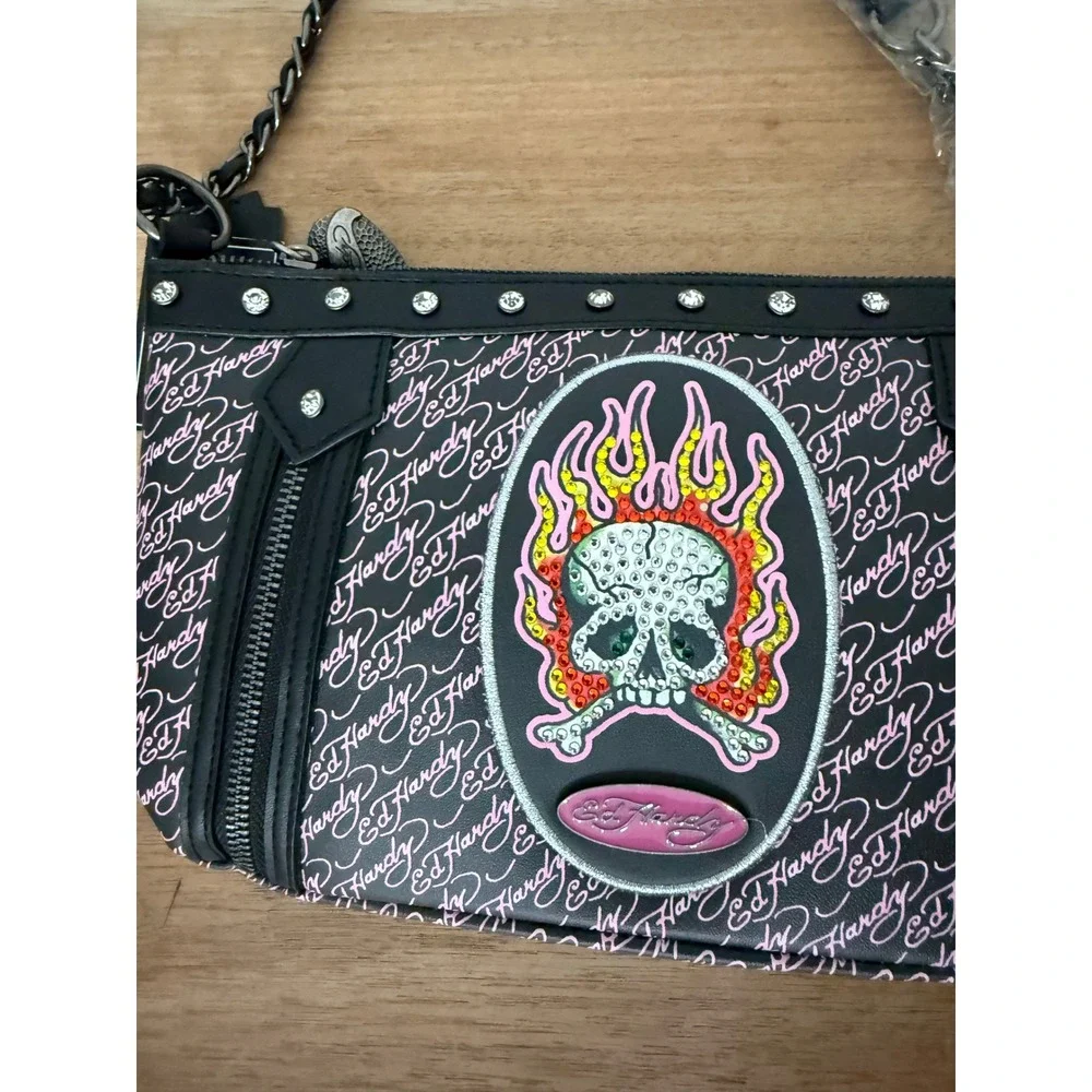 Ed Hardy Black Pink Flaming Skull Logo Shoulder Bag Y2K New